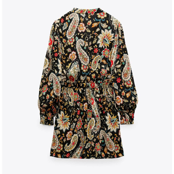 Zara Paisley Floral Printed Short V-neck Dress in Black - Picture 5 of 15